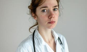 ai gegenereerd portret van jong vrouw dokter met stethoscoop Bij ziekenhuis. foto