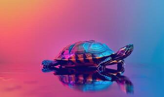 ai gegenereerd schildpad Aan kleurrijk achtergrond detailopname, ruimte voor tekst foto