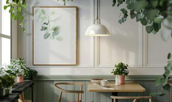 ai gegenereerd interieur van modern cafe met wit muren, groen planten en houten tafels. blanco kader Aan de muur. menu mockup foto