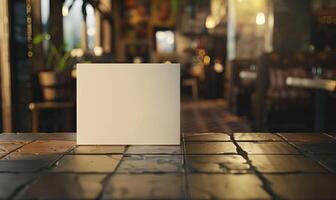 ai gegenereerd blanco kader Aan houten tafel in cafe. mockup voor ontwerp foto