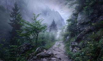 ai gegenereerd mysterieus donker Woud met bemost bomen en mist in de achtergrond foto