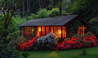 ai gegenereerd avond gloed verhelderend de facade van een elegant houten cabine genesteld tussen bloeiend azalea's en rododendrons in een voorjaar tuin foto