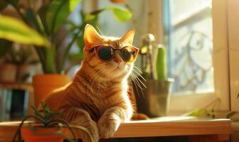 ai gegenereerd schattig gember kat vervelend zonnebril zittend Aan tafel in de buurt venster Bij huis foto