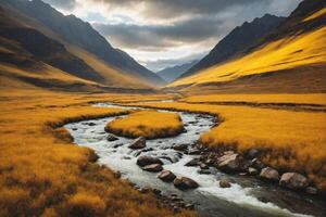 ai gegenereerd rivier- in een berg vallei foto