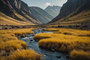 ai gegenereerd rivier- in een berg vallei foto