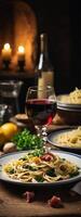 ai gegenereerd pasta met vlees, groenten en wijn foto