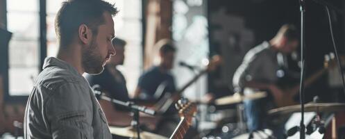 ai gegenereerd mensen werken samen met muzikanten en instrumenten verenigen in een opname studio. foto