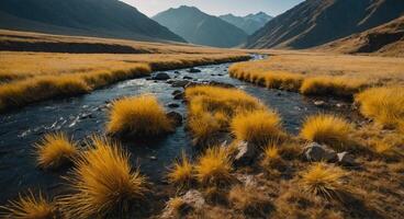 ai gegenereerd rivier- in een berg vallei foto