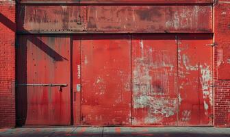 ai gegenereerd oud roestig metaal poort met rood verf, industrieel achtergrond. foto