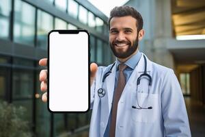 ai gegenereerd dokter tonen blanco scherm smartphone mockup Bij ziekenhuis foto
