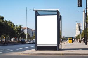 ai gegenereerd blanco advertentie aanplakbord mockup Bij bus hou op foto