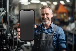 ai gegenereerd monteur Mens tonen zwart blanco scherm smartphone mockup in werkplaats foto