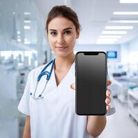 ai gegenereerd vrouw dokter tonen zwart blanco scherm smartphone mockup Bij ziekenhuis foto
