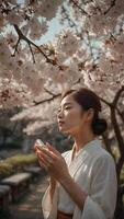 ai gegenereerd buitenshuis mooi mode jong Koreaans meisje met bloesem kers bloem achtergrond foto