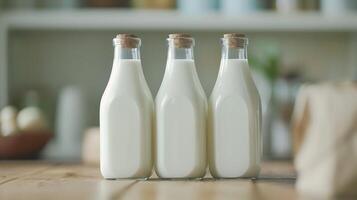 ai gegenereerd glas melk fles mockup met blanco etiket Aan bokeh achtergrond foto