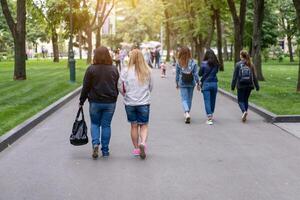 onherkenbaar mensen mannen en Dames wandelen zomer zonnig park foto