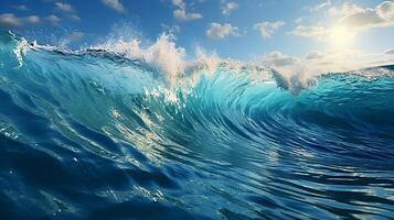 ai gegenereerd blauw oceaan Golf met spatten en zon. 3d geven illustratie foto