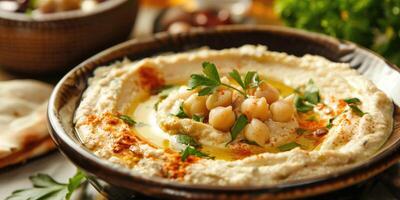 ai gegenereerd aanlokkelijk hummus een smaak van Arabië foto