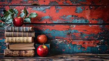 ai gegenereerd stack van boeken met appels Aan top foto