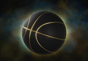 zwart basketbal detailopname met gouden lijnen hoog kwaliteit Aan zwart achtergrond met rook foto