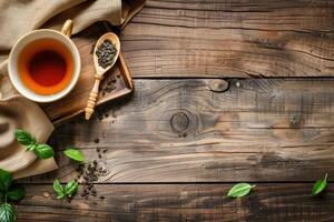 ai gegenereerd een kop van thee Aan een houten achtergrond met thee boom bloemblaadjes. thee partij achtergrond met kopiëren ruimte foto