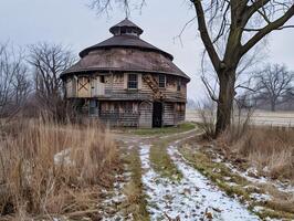 ai gegenereerd ronde schuur in de platteland foto