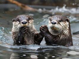 ai gegenereerd mollig otters Holding handen drijvend samen foto