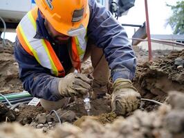 ai gegenereerd geotechnisch ingenieur analyseren bodem monsters foto