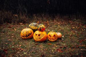 pompoen voor halloween, lamp pompoen, antiek hout, vieren halloween, smiley Aan een pompoen, herfst droog bladeren, helder achtergrond, grappig en boos gezicht foto