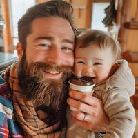 ai gegenereerd vaders ochtend- routine- baby giechelt gedurende baard kusjes foto