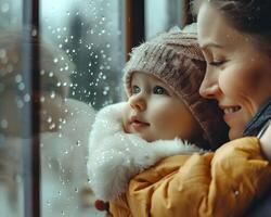 ai gegenereerd regenachtig dag baby aan het kijken druppels Aan de venster foto