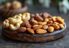 ai gegenereerd gemengd noten Aan houten bord. een divers noten en amandelen Aan een houten tafel foto