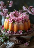 ai gegenereerd Pasen taart met roze bloemen en voorjaar kers bloesem Aan houten tafel foto