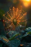 ai gegenereerd spin web in de ochtend- dauw foto