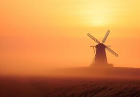 ai gegenereerd windmolen in de de nevel. windmolen in mistig kleurrijk zonsopkomst in de platteland. foto