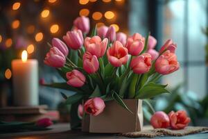 ai gegenereerd mooi vers tulpen in vaas Aan houten tafel in knus huis foto