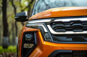 ai gegenereerd de voorkant traliewerk van de nieuw oranje oppakken vrachtauto foto