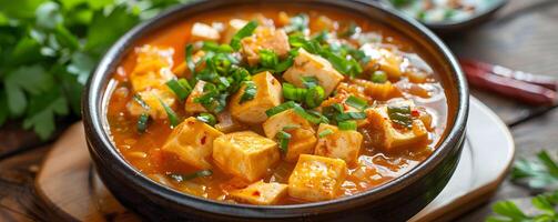 ai gegenereerd Kimchi jjigae Kimchi stoofpot met tofu en varkensvlees foto