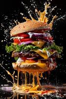 ai gegenereerd groot smakelijk hamburger en plons van saus geïsoleerd Aan zwart achtergrond foto