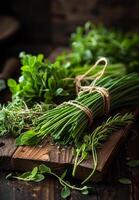 ai gegenereerd bundels van vers groen kruiden van de tuin Aan rustiek houten tafel foto