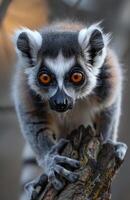 ai gegenereerd ringstaart lemur zittend Aan boom. een lemur staand naar beneden Aan sommige hout foto