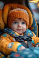 ai gegenereerd schattig weinig mooi baby jongen zittend in de auto stoel en aan het wachten voor mam foto