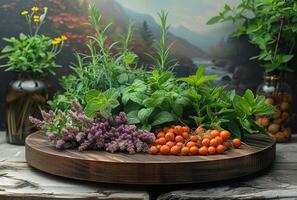 ai gegenereerd vers kruiden en tomaten Aan houten bord foto