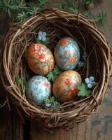 ai gegenereerd Pasen eieren in nest Aan houten achtergrond foto