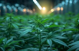 ai gegenereerd hennep planten groeit in serre. een hennep blad is gegroeid in een laboratorium kamer Aan de fabriek foto