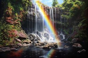 ai gegenereerd regenboog gebogen over- een Woud waterval. concept van sereen landschap, natuurlijk pracht, regenboog wonder, en rustig milieu foto