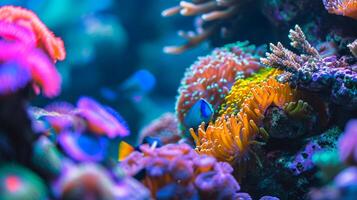 ai gegenereerd dichtbij omhoog van veelkleurig koraal in de oceaan. concept van rif ecosysteem, marinier leefgebied, onderwater- flora, biodiversiteit behoud, en duiken toerisme foto