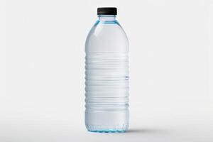 ai gegenereerd transparant water fles met zwart deksel, draagbaar. wit achtergrond. concept van individu hydratatie, milieuvriendelijk drinken keuze, en onderweg levensstijl foto