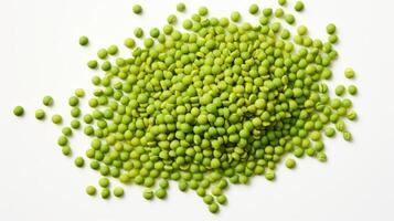 ai gegenereerd top visie van groen spleet erwten geïsoleerd Aan wit. concept van veganistisch voeding, Koken basis, en biologisch produceren. top visie. getextureerde achtergrond foto