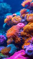 ai gegenereerd levendig koraal rif in oceaan wateren. concept van marinier leven, onderwater- biodiversiteit, tropisch ecosysteem, en natuurlijk aquarium. verticaal formaat. foto